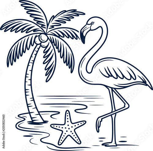 Elegant Flamingo Standing by Tropical Palm Tree and Starfish, Minimal Coastal Beach Illustration Isolated on White Background

