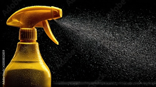 Bright Yellow Plastic Spray Bottle Releasing Fine Mist of Water Droplets Against Black Background