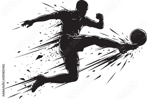 Soccer player executing airborne kick with football, dynamic sports silhouette, powerful action movement, monochrome flat vector illustration