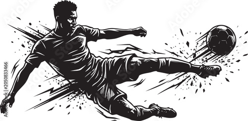 Professional soccer player performing sliding kick with football, dynamic monochrome sports action scene, energetic motion, flat vector illustration