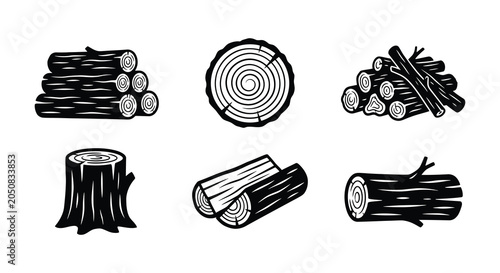 Photos Wood logs and tree stump black vector illustration on white background