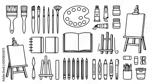 Art supplies collection hand drawn doodle set with paintbrushes palette easel and sketchbook elements