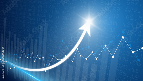 Foto Stock market rise up arrow growth glowing line chart exchange economic money gra