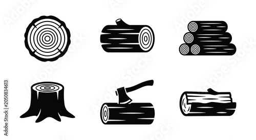 Photos Wood logs and tree stump black vector illustration on white background