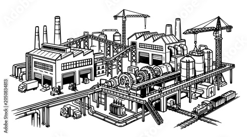 Photos Detailed industrial complex illustration factory power plant and transportation