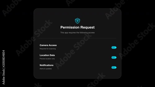 Digital permission request interface with camera location data notifications toggle switch settings. Suitable for mobile app development and cybersecurity concepts.