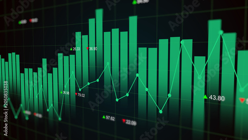 Green arrow rising uptrend on stock market exchange display showing financial growth volume bar and number price, business profit, value increase, and investment performance report concept