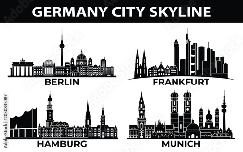 Germany city skyline vector illustrations of Berlin, Frankfurt, Hamburg, and Munich