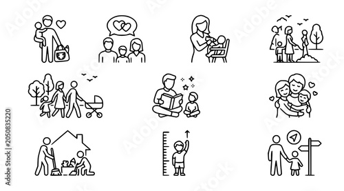 Bilde på lerret Family life stages icon set parenthood growth and domesticity in linear style