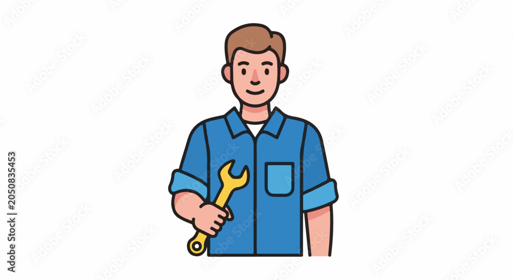 Fototapeta premium A cartoon man in a blue shirt holds a yellow wrench