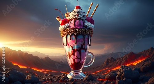 Majestic fantasy unicorn with glowing horn in lava landscape.