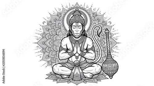 Foto Lord Hanuman Meditating in Lotus Pose with Mace and Mandala Background