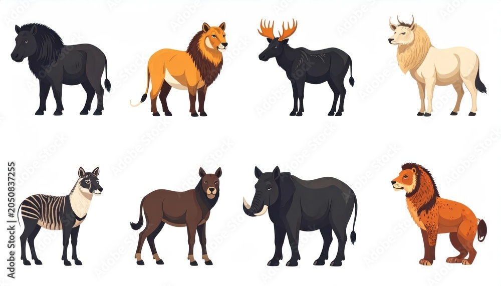 Fototapeta premium Colorful Cartoon Animal Collection Arranged on White Background