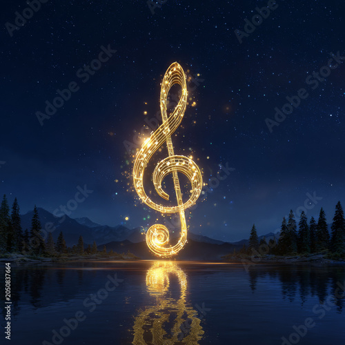 Glowing golden treble clef with musical notes floating above calm lake at night under starry sky, reflecting peaceful mood
