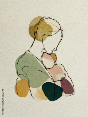 Fine line drawing of mother holding child with abstract color shapes in soft earthy tones, expressing warmth and tenderness