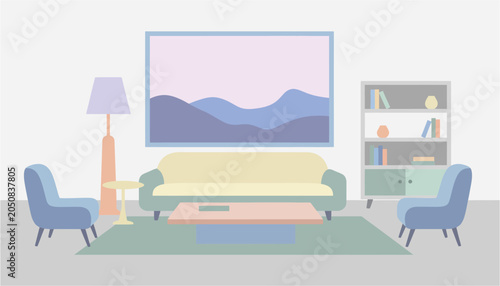 Minimalist living room with pastel furniture and abstract landscape art during soft ambient lighting