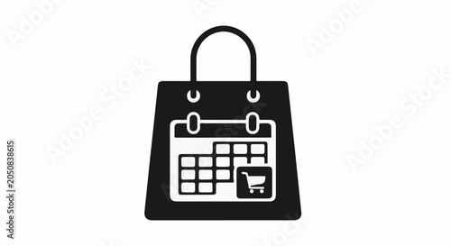 A black shopping bag icon with a calendar and shopping cart inside