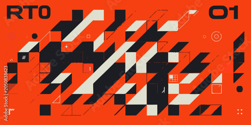 Canvastavla Geometric pattern with black and cream shapes on a bright orange background