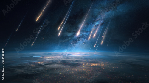 Meteor storm visible from orbit with multiple glowing fragments entering atmosphere over earth. Planetary impact concept
