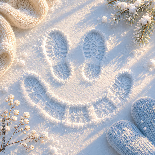 Smiley Face Made of Footprints in Fresh Snow