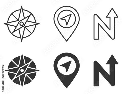 Set of navigation icons featuring compass and map pointers for travel and direction. Vector illustration.