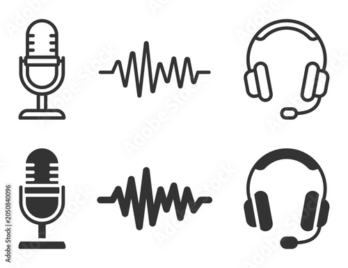 Microphone and headset icons with sound waves design. Vector illustration.