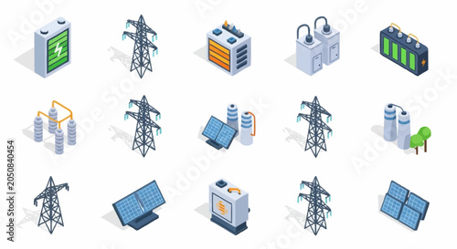Tableau sur toile Collection of isometric icons representing renewable energy sources and power infrastructure
