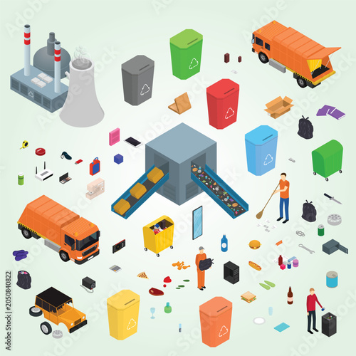 Garbage recycling signs 3d icons set isometric view include of bin trash truck and factory vector illustration of icon
