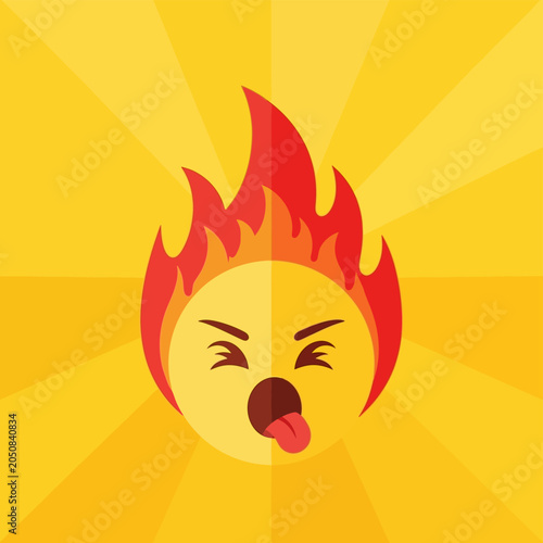 Emoji face on fire, tongue out, heat, summer, funny