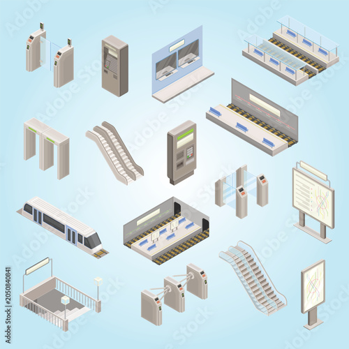 Metro or subway as rapid transit urban system with electric railway platform ticket barrier and moving staircase isometric vector set destination 