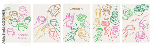 Cheers poster, card designs set. Hands holding coffee cups, glasses of wine, ...