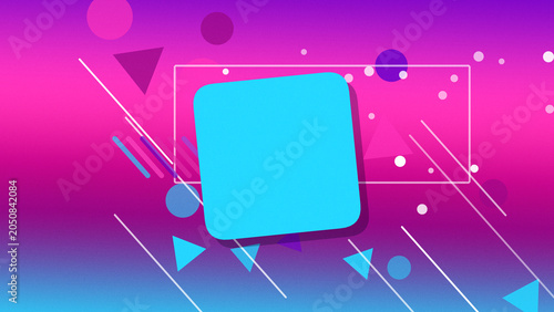 A glowing blue square icon sits over a vibrant pink and purple abstract gradient, surrounded by triangles, dots, and crisp motion lines.