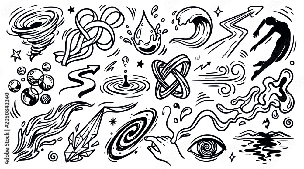 Obraz premium Various hand-drawn doodle elements depicting abstract concepts like nature, energy, and human forms in a stylized black and white illustration