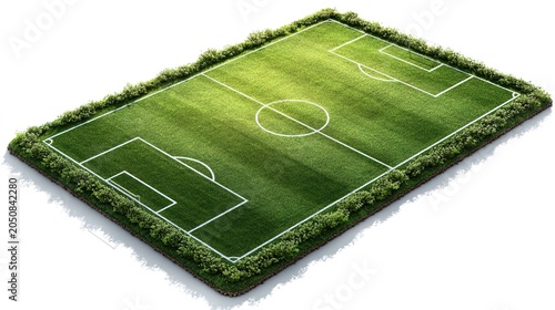 Realistic Isometric Miniature Football Pitch Field Surrounded by Lush Green Bushes