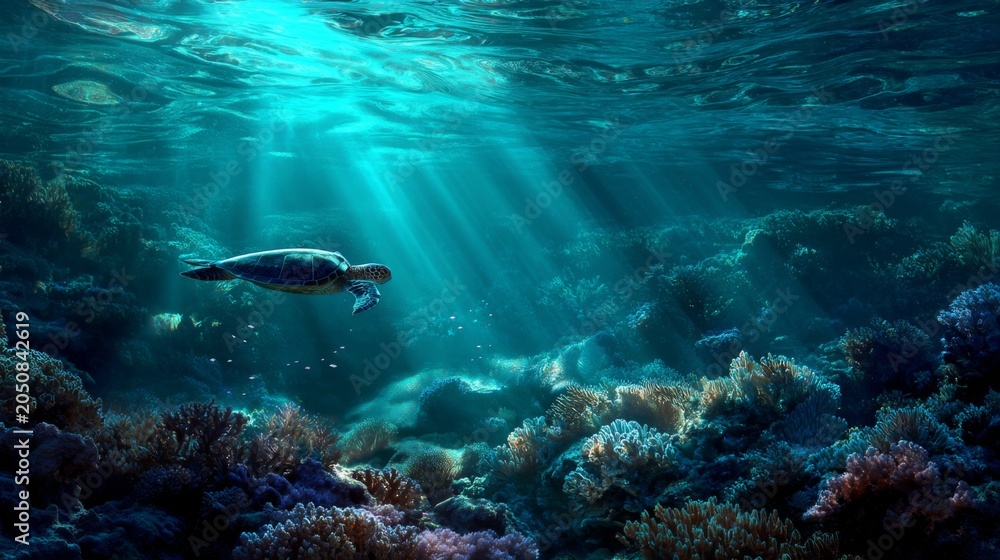 Obraz premium Underwater Scene of a Majestic Sea Turtle Swimming Gracefully Through Vibrant Coral Reefs Illuminated by Sunlight Rays in Clear Ocean Water