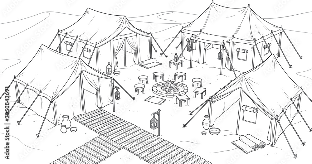 Fototapeta premium Detailed black and white line art illustration of a desert camp with multiple tents, a central campfire, and wooden pathways
