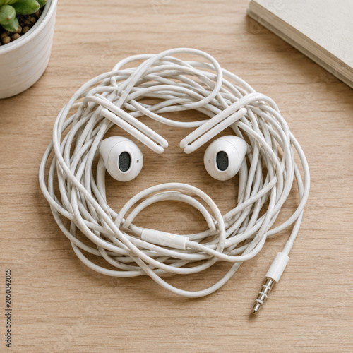 Sad Smiley Face Made of Tangled Earphones on Wooden Desk