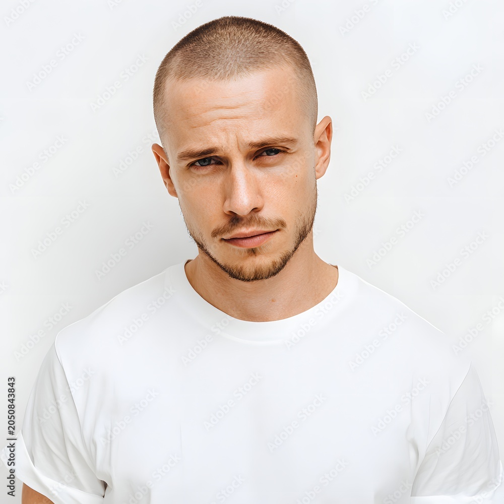 Fototapeta premium Adult male model with a short beard and mustache looking directly at the camera