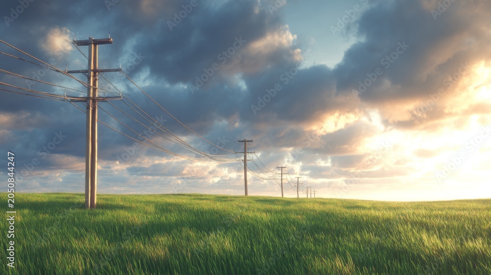 Obraz premium Serene Landscape with Electric Poles and Lush Green Field under Dramatic Cloudy Sky during Beautiful Sunrise in Scenic Rural Area