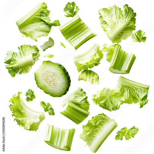 Fresh Celery Slices Floating Isolated On Transparent Background