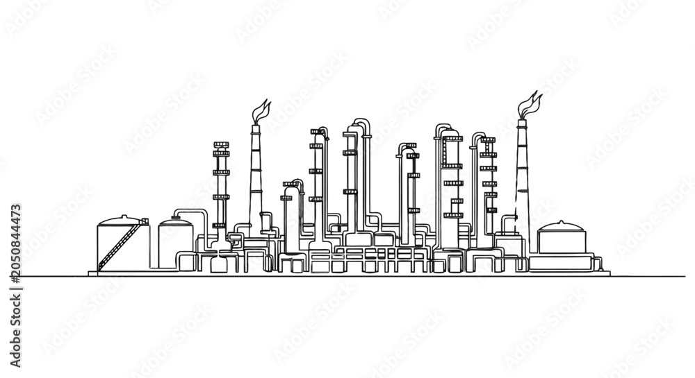 Fototapeta premium Detailed line drawing of an industrial factory complex with various chimneys and equipment illustrating manufacturing processes
