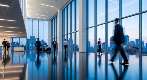 Business Professionals Walking in Modern Office Corridor with Large Glass Windows and City Skyline Evening View