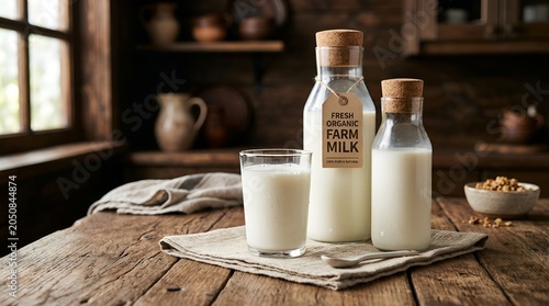 Fresh Organic Farm Milk in Glass Bottles and a Glass on Rustic Wooden Table inside Countryside Kitchen Background
