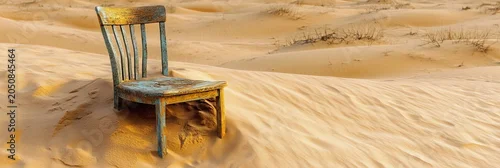 Panel kuchenny z motywem Rustic Wooden Chair Abandoned in a Windswept Desert Landscape Under a Blazing Hot Summer Sun