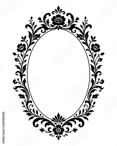 Oval frame adorned with intricate floral patterns and ornate filigree offers a sophisticated aesthetic for portraits or formal announcements.