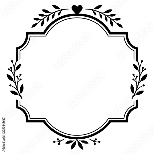 Badge border showcases a heart-shaped top element combined with leafy branch accents for a romantic or rustic framing aesthetic.