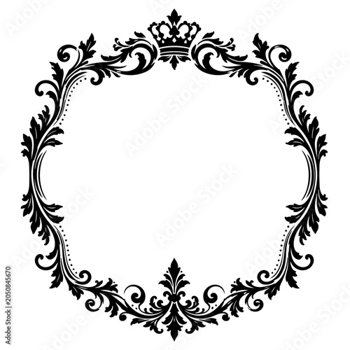 Crown crest surmounts this ornate circular frame decorated with elaborate filigree patterns that evoke a sense of historical nobility and regal refinement.