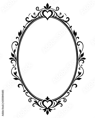 Oval frame exhibits a delicate heart motif at the top and bottom with surrounding botanical scrollwork suitable for romantic invitations or card designs.