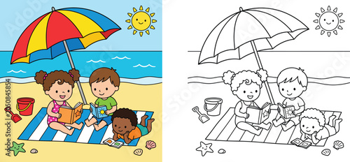 Kids reading books on the beach under a colorful umbrella coloring page and color version vector illustration for children's activity book