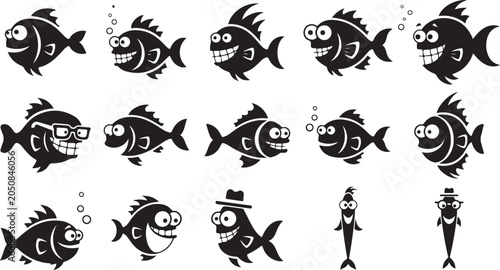 Collection of 15 black and white cartoon fish with various expressions character